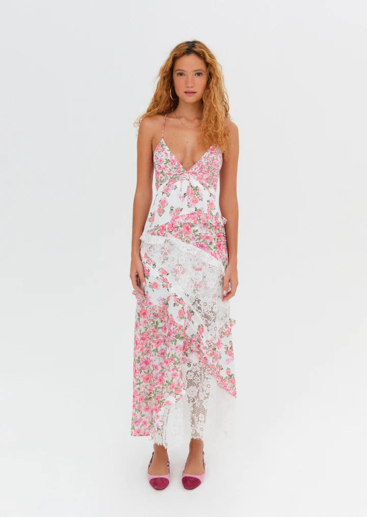 strapless open back dress FOR LOVE & LEMONS Rosalyn Maxi Floral Dress in Pink