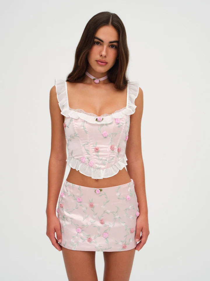 For Love and Lemons White Corset orders Lingerie Top With Pink Floral Fringe Pattern