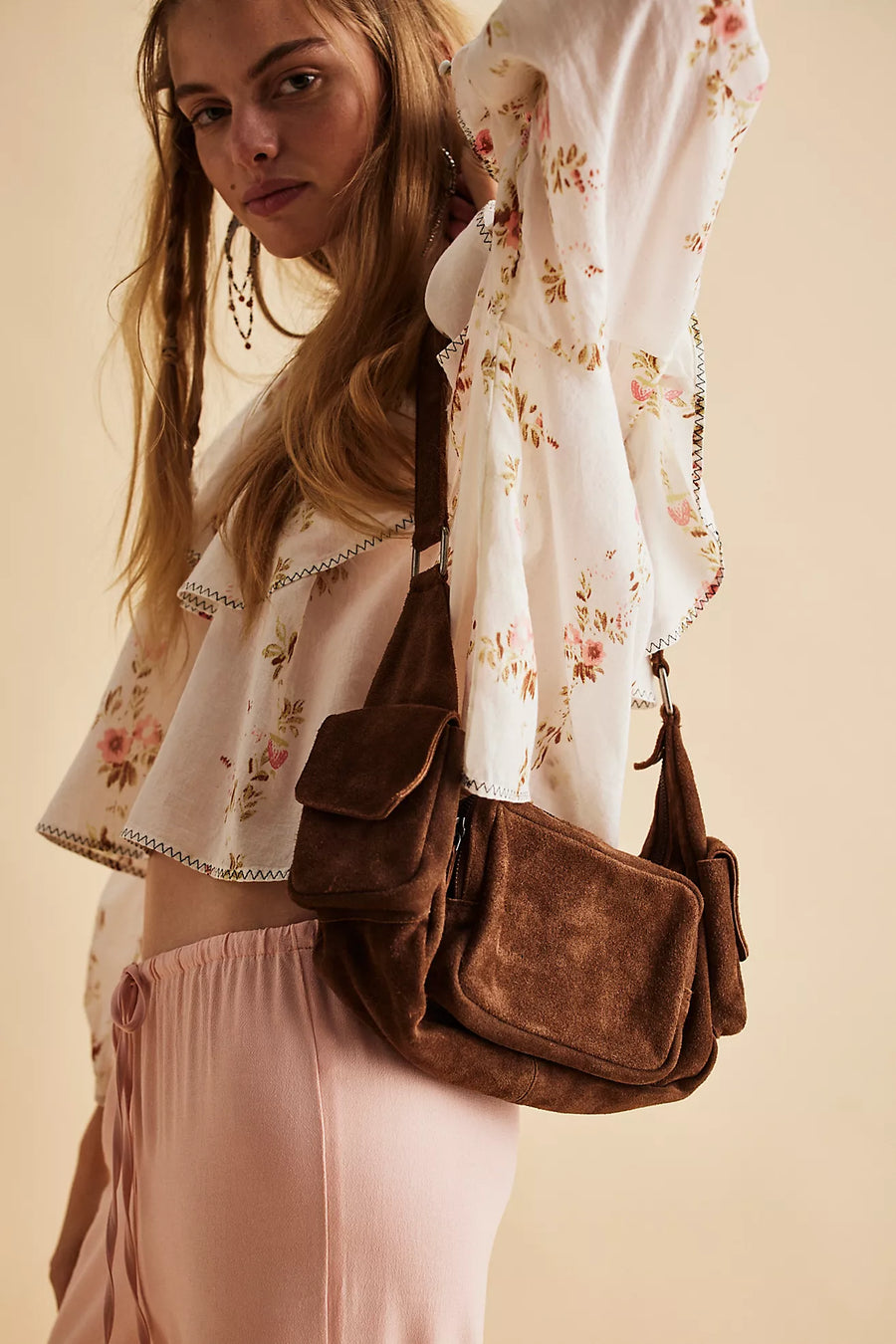 FREE PEOPLE Siren Suede Shoulder Crossbody Bag In Coconut Shell