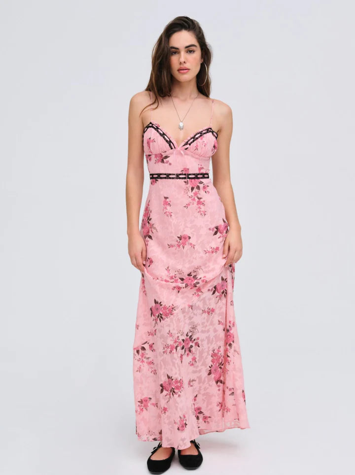 for love and lemons pink maxi dress & Guinevere the Silk ruffled maxi Color:Ruby Jules Floral comeback-support Enza Costa | The