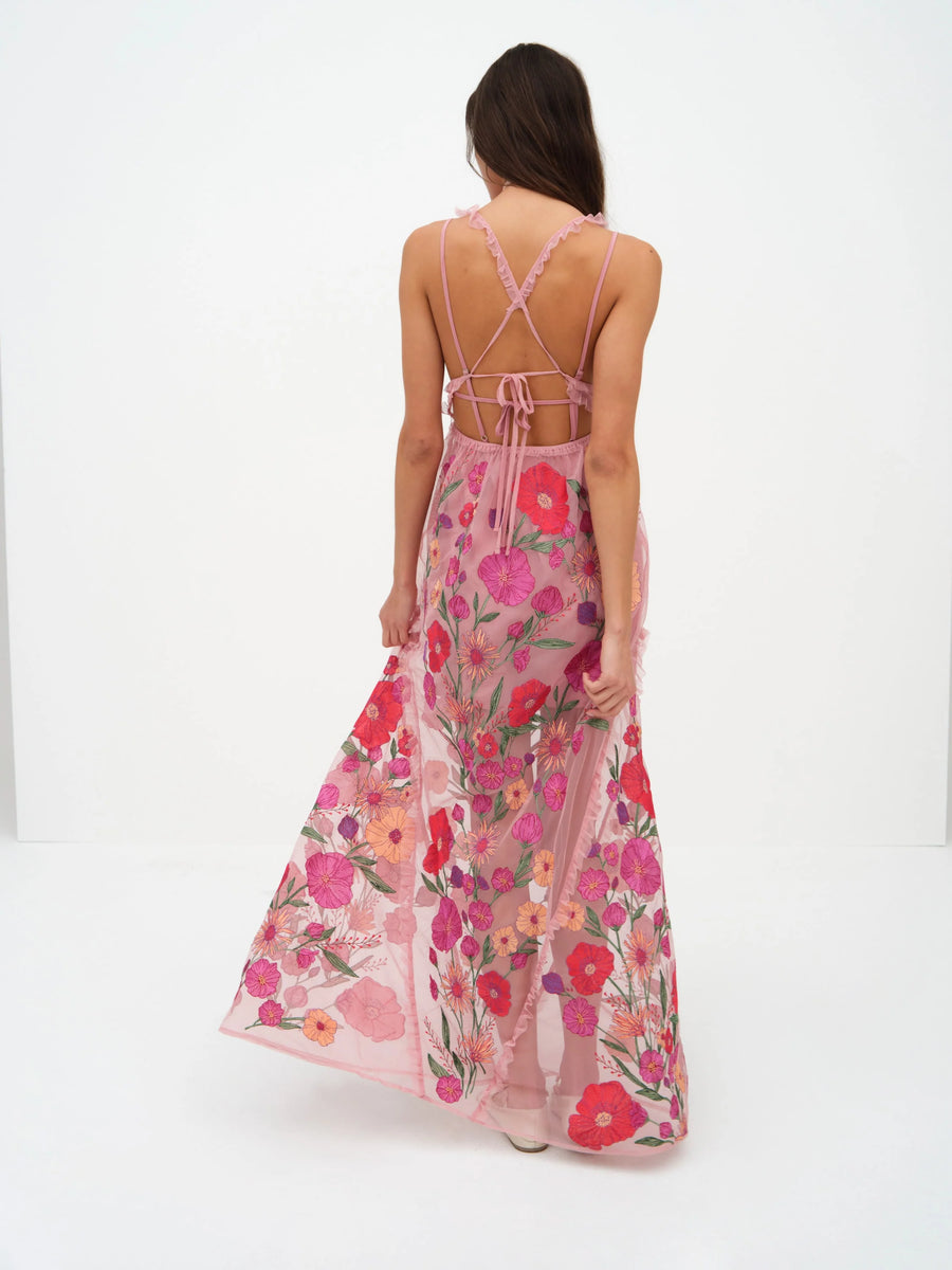 FOR LOVE & LEMONS Kaylee Maxi Dress In PInk Embroidered Floral Lusso Di Luna Boutique FOR LOVE & LEMONS Kaylee Maxi Dress In PInk Embroidered Floral Lusso Di Luna Boutique