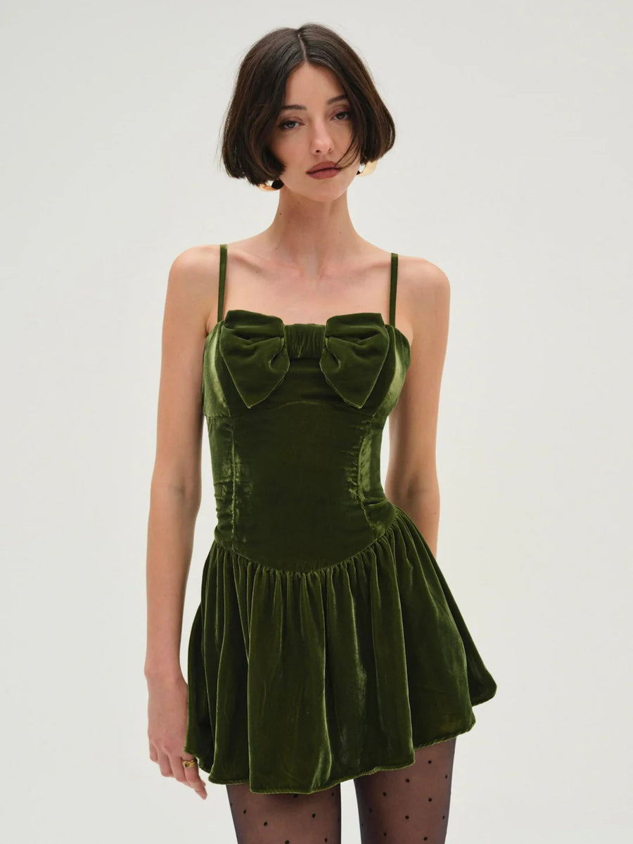 FOR LOVE & LEMONS Martini Velvet Mini Dress In Olive Green