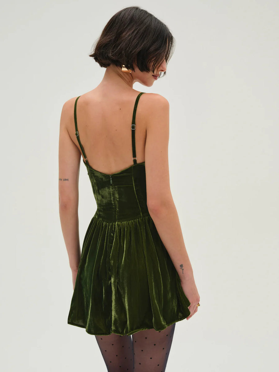 FOR LOVE & LEMONS Martini Velvet Mini Dress In Olive Green