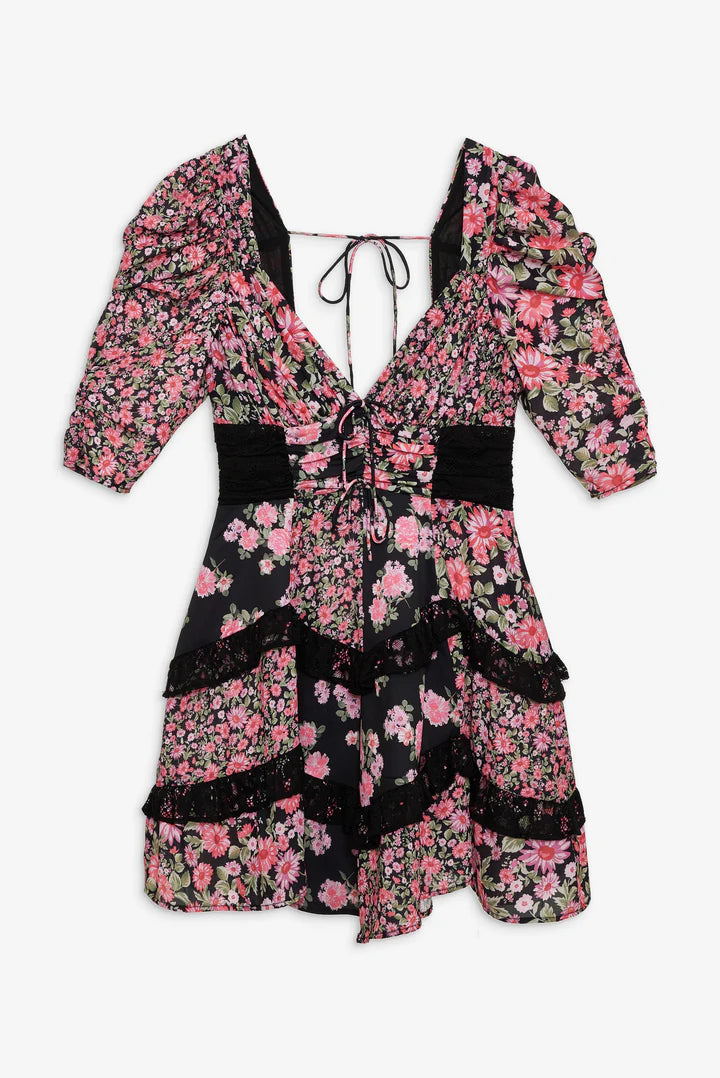 FOR LOVE & LEMONS Rosalyn Mini Floral Dress in Black