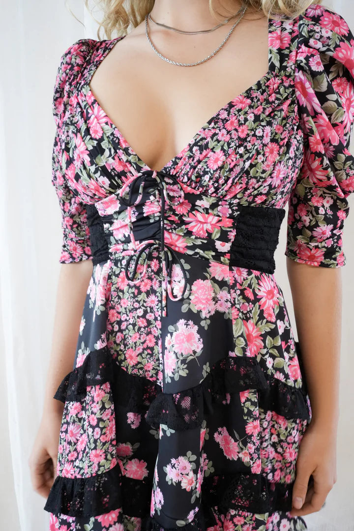 FOR LOVE & LEMONS Rosalyn Mini Floral Dress in Black