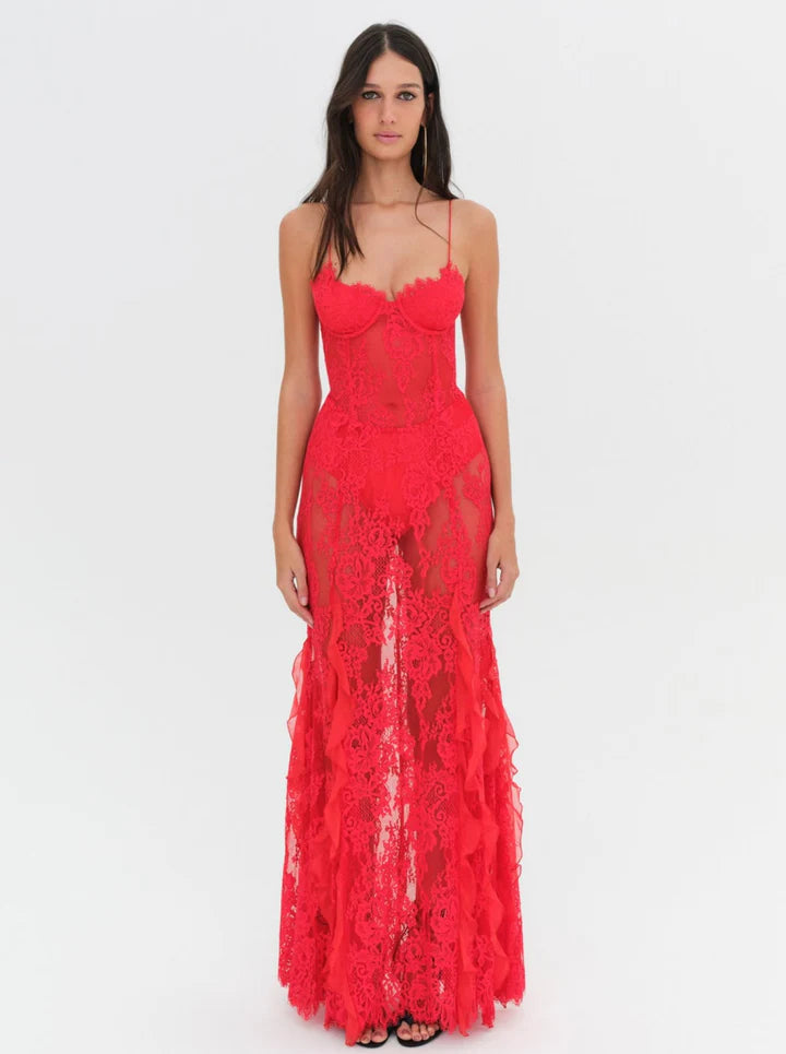 FOR LOVE & LEMONS Shirley Lace Maxi Dress In Red Lusso Di Luna Boutique FOR LOVE & LEMONS Shirley Lace Maxi Dress In Red Lusso Di Luna Boutique