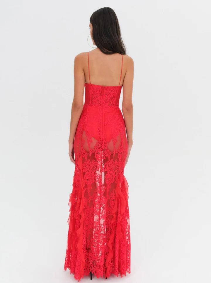 FOR LOVE & LEMONS Shirley Lace Maxi Dress In Red Lusso Di Luna Boutique FOR LOVE & LEMONS Shirley Lace Maxi Dress In Red Lusso Di Luna Boutique