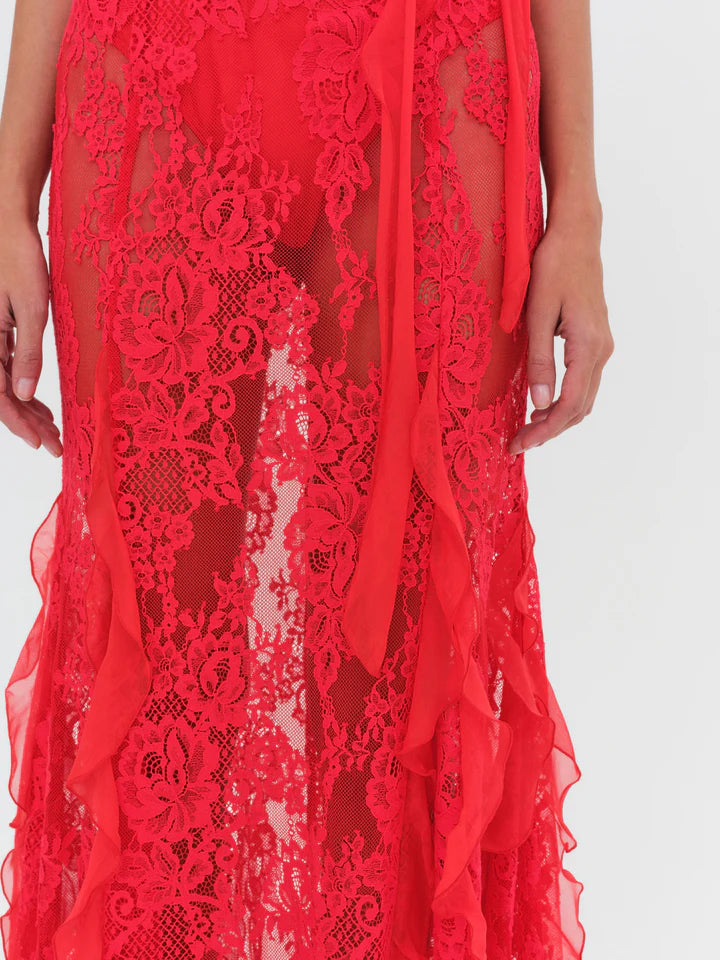 FOR LOVE & LEMONS Shirley Lace Maxi Dress In Red Lusso Di Luna Boutique FOR LOVE & LEMONS Shirley Lace Maxi Dress In Red Lusso Di Luna Boutique