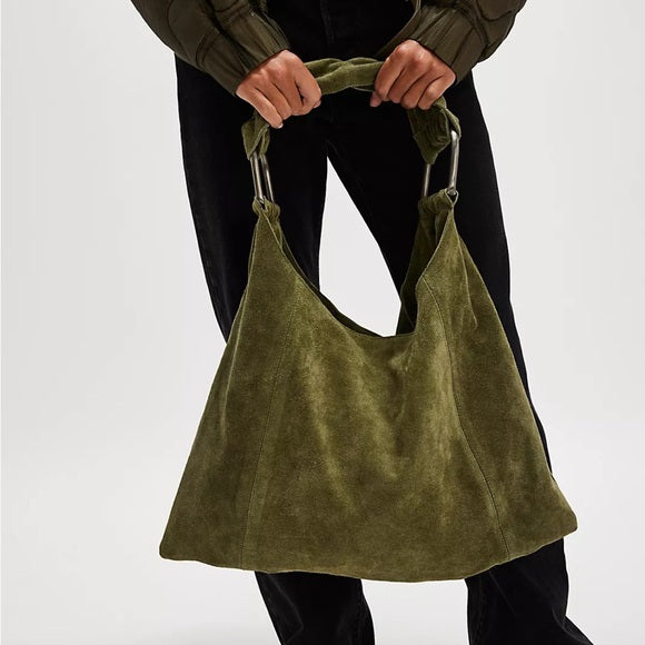 FREE PEOPLE Bobbi Slouch Suede Tote In Khaki / Green