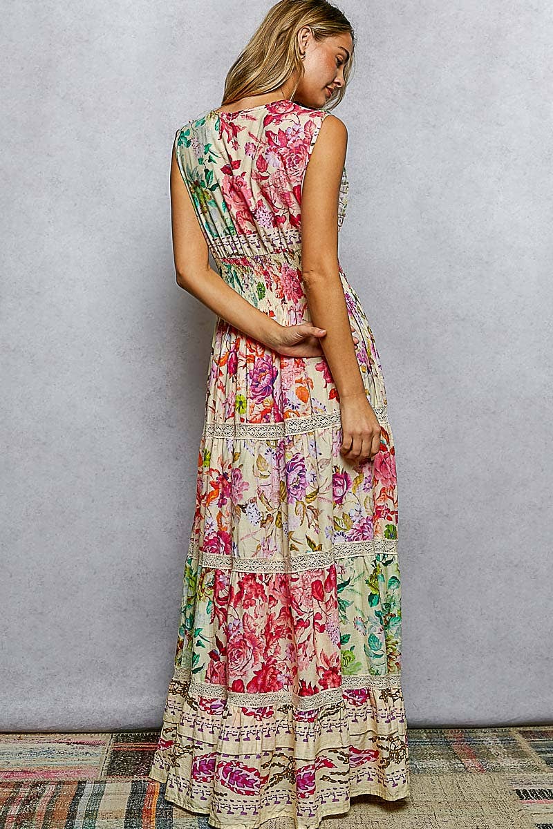POL Clothing Boho Smocked Floral Maxi Dress Large