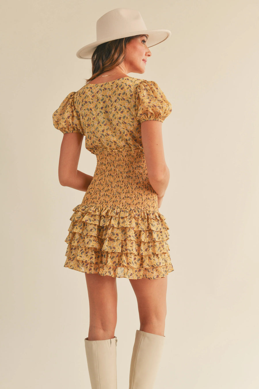 RESET BY JANE Priscilla Boho Smocked Mini Dress In Yellow Paisley