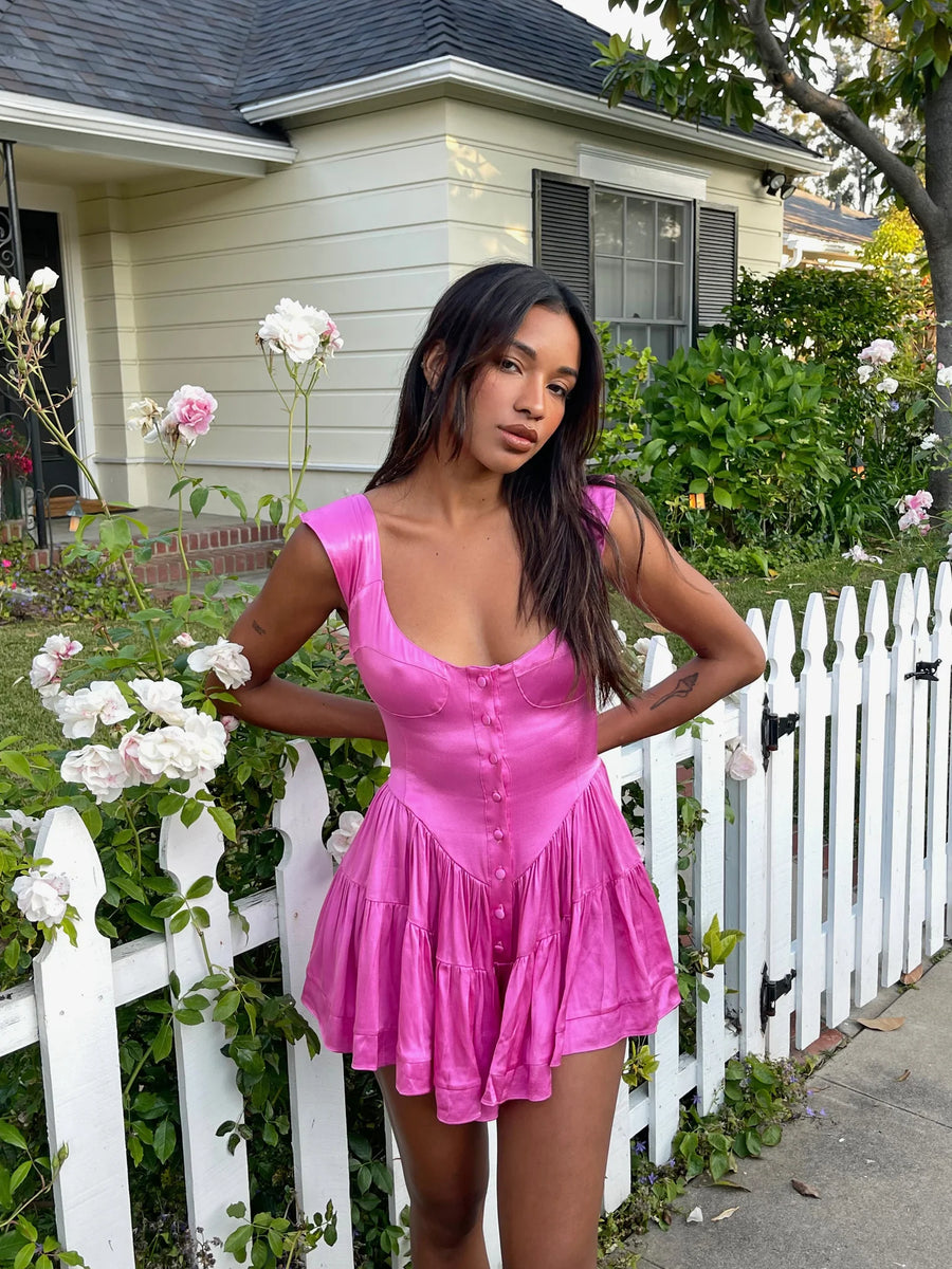 VANESSA MOONEY The Elisabeth Romper Dress In Hot Pink Satin Lusso Di Luna Boutique VANESSA MOONEY The Elisabeth Romper Dress In Hot Pink Satin Lusso Di Luna Boutique