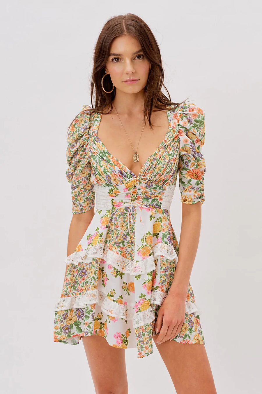 FOR LOVE & LEMONS Rosalyn Mini Floral Dress in Green Lusso Di Luna Boutique FOR LOVE & LEMONS Rosalyn Mini Floral Dress in Green Lusso Di Luna Boutique